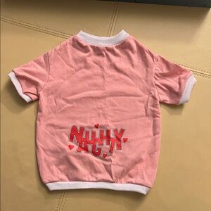 Pink Short Sleeve Dog Tee with Red “Naughty” Graphic and White Trim